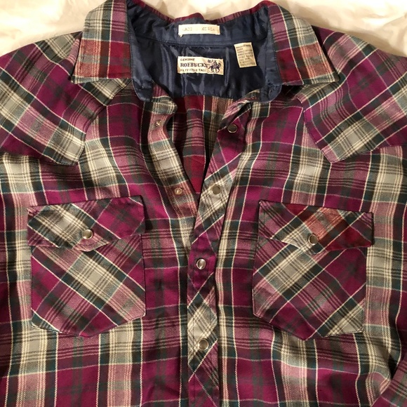 Vintage Roebuck Long Sleeve Maoon plaid light flannel shirt XL - Picture 1 of 8